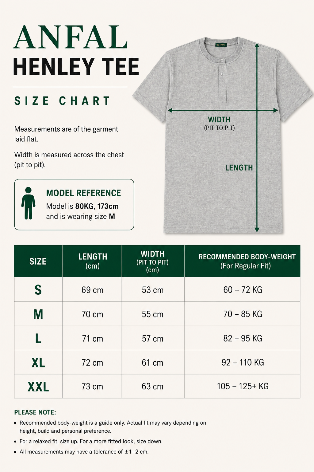 Size chart for Henley Tee