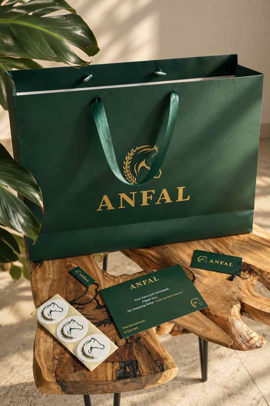 The green Anfal gift bag with a thank-you card, tags and stickers